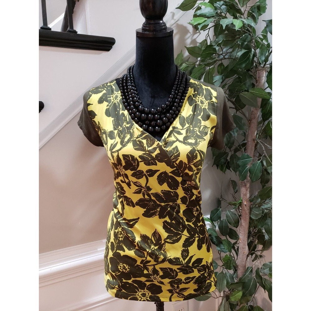 The Limited Yellow & Olive Green Polyester‎ V-Neck Short Sleeve Top Blouse XS